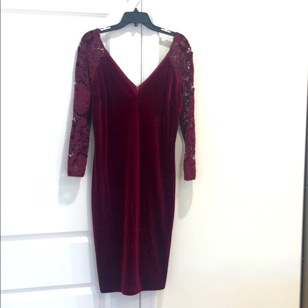 badgley mischka red velvet dress Velvet Mock Neck Belted Sheath Gown by Badgley Mischka